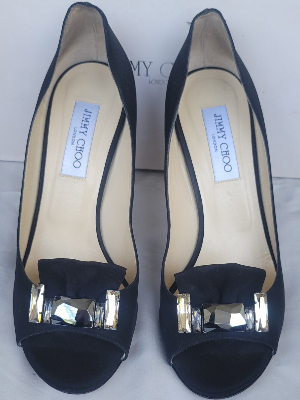 Jimmy Choo Black Satin Peep-Toe Pumps with Crystal Accents